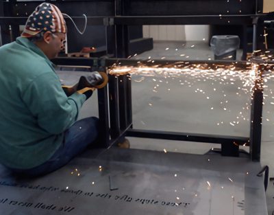 Tim grinding steel on one of the 5 base sections.